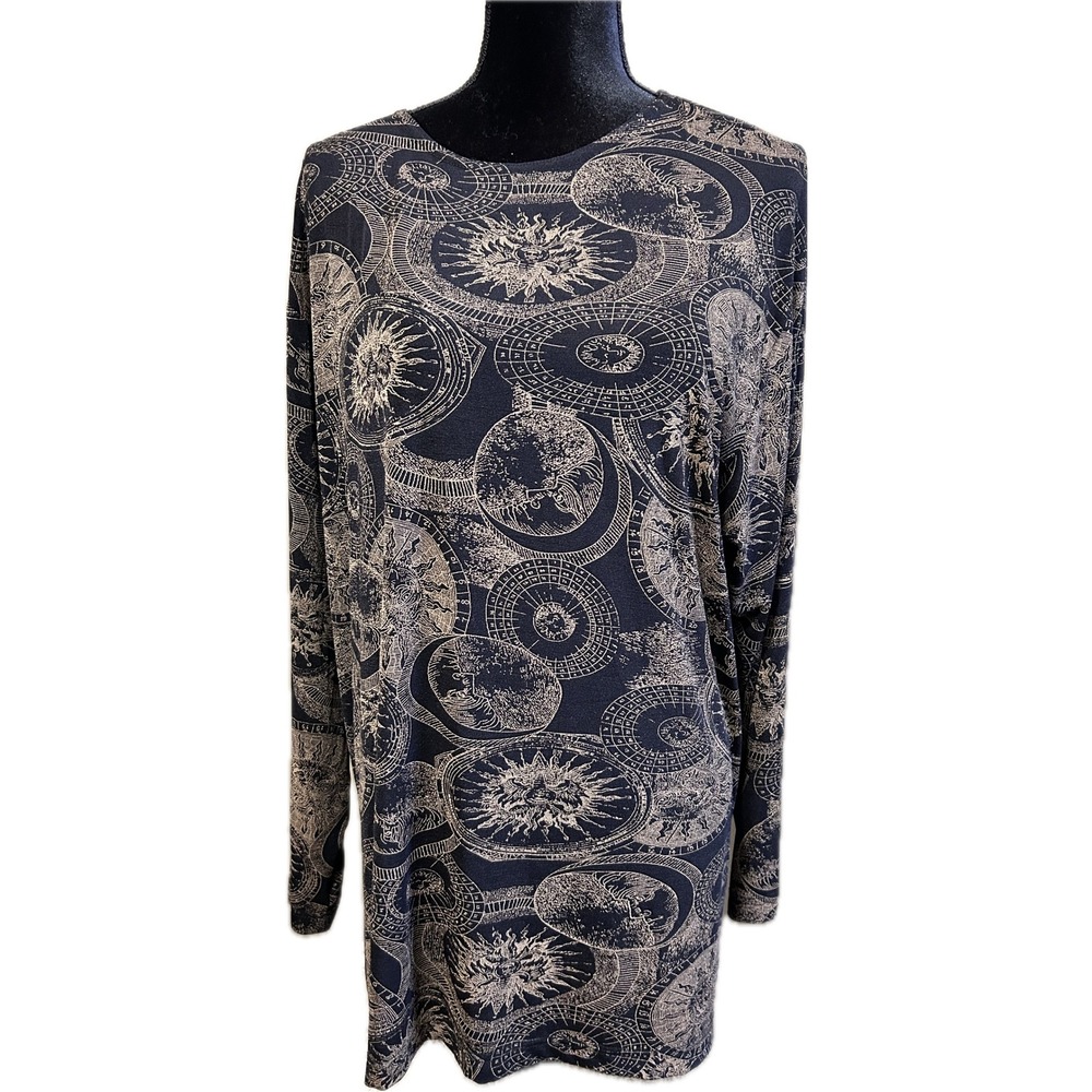 Frazier Lawrence Womens Celestial Sun Moon Print Tunic Top Navy Large 6068